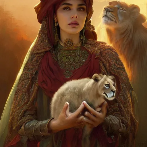 Image similar to a Photorealistic dramatic hyperrealistic render of an arab ameera al taweel, green tan skin, eyes, red hair, white veil, with a pet lion by WLOP,Artgerm,Greg Rutkowski,Alphonse Mucha, Beautiful dynamic dramatic dark moody lighting,shadows,cinematic atmosphere,Artstation,concept design art,Octane render,8K