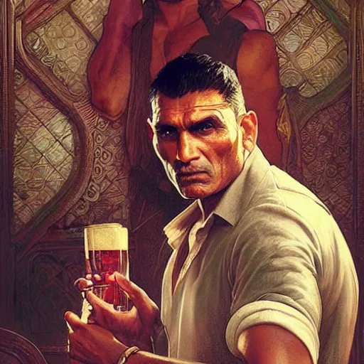 Image similar to an indian man and vinnie jones in a pub, real life skin, intricate, elegant, highly detailed, artstation, concept art, smooth, sharp focus, art by artgerm and greg rutkowski and alphonse mucha