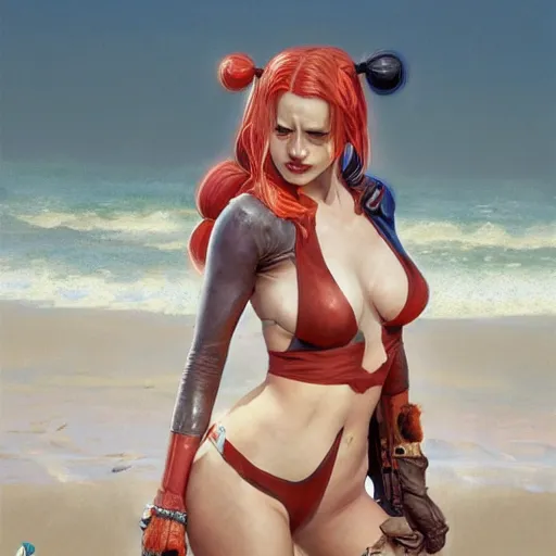 Prompt: Ultra realistic illustration, Harley Quinn at the beach, intricate, elegant, highly detailed, digital painting, artstation, smooth, sharp focus, illustration, art by artgerm and greg rutkowski and alphonse mucha