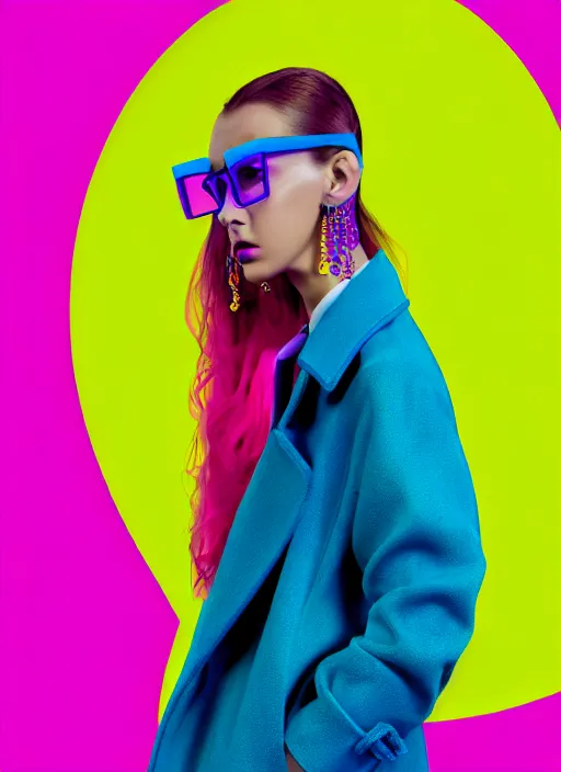 Prompt: coat for a rave, glasses,hairstyle, big earrings, bright soft colors, soft yellow background, many details, prints, photo for a magazine, photo for a store, fashion photography, Vogue, 135 mm, cinematic, hyper realism, high detail, octane render, 8k, chrome accents, very coherent symmetrical artwork, perfect face model, Soft light, Reduced contrast