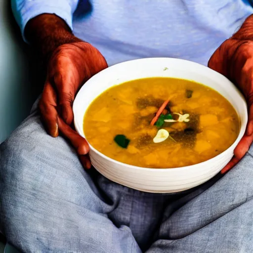 Prompt: indian man drowning in a bowl of soup