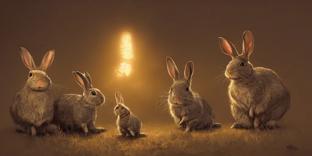 Prompt: fisheye lens shot of a family of rabbits, peter morbacher, ross tran, greg rutkowski, intricate details, trending on artstation, cinematic lighting, digital painting, sharp focus, no blur, octane render, artgerm