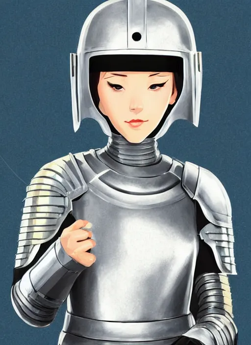 Image similar to a young woman in full plate armor holding her helmet. she is a knight. clean cel shaded vector art. shutterstock. behance hd by lois van baarle, artgerm, helen huang, by makoto shinkai and ilya kuvshinov, rossdraws, illustration, art by ilya kuvshinov