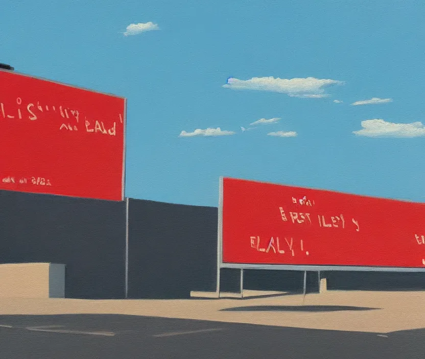 Prompt: a very detailed painting of one billboard which has written do aliens exist? on it, baby blue sky with very aesthetic stylized clouds, in the style of edward hopper, very small brushstrokes, 4 k,