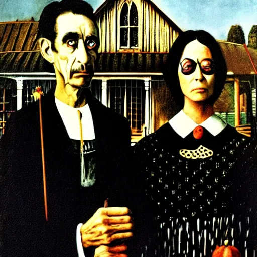 Image similar to alice cooper and salvador dali in in the style of american gothic