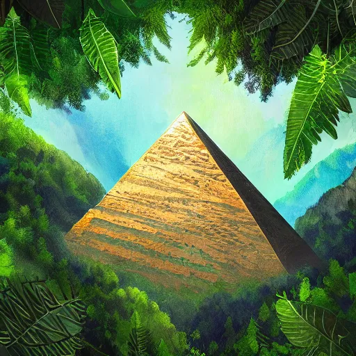 Prompt: a beautiful and highly detailed digital painting of an elven pyramid towering above the canopy in the centre of an epic mountainous jungle