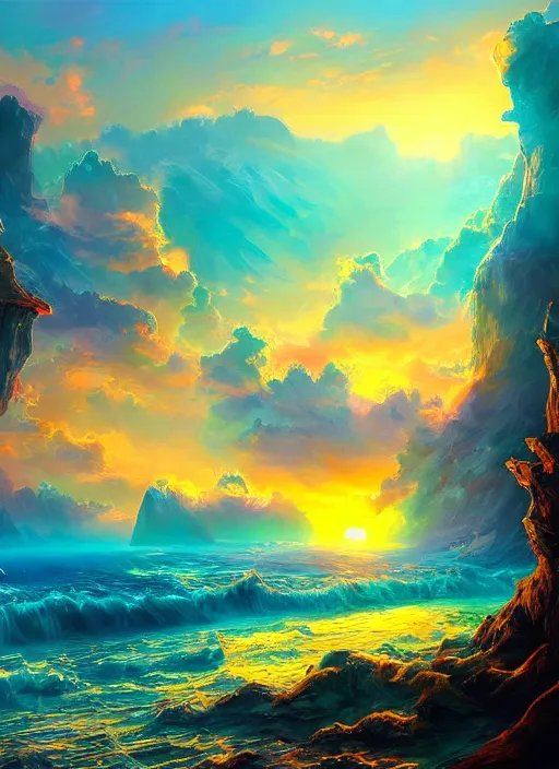 Image similar to a beautiful concept art painting of a sunrise on a peruvian, beautiful lighting, fantasy art