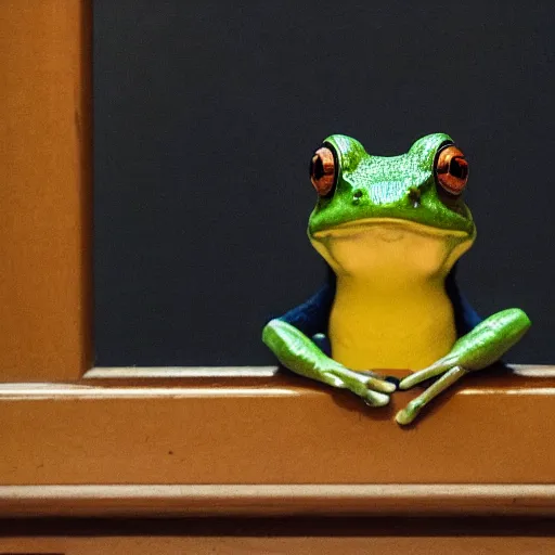 Image similar to a small frog standing on two feet at the hotel reception entry, renaissance painting