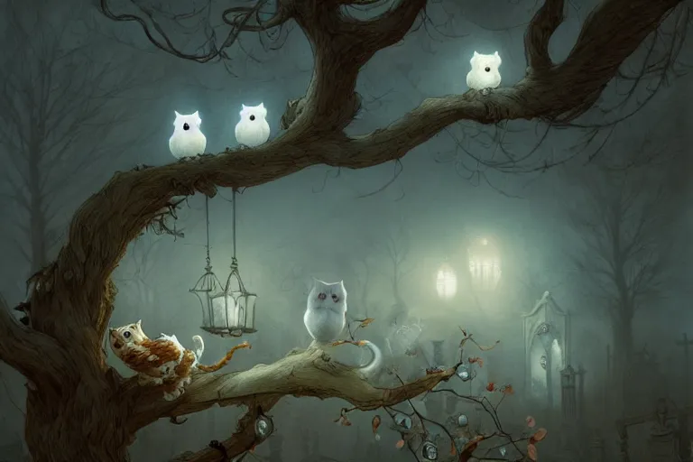 Image similar to casper the friendly ghost flying over a graveyard at midnight, chasing one cat, one interesting owl in a tree, cinestill, painted by james jean and gaston bussiere, very detailed and cute and cozy and transparent, backlight, fog, mist, trending on artstation