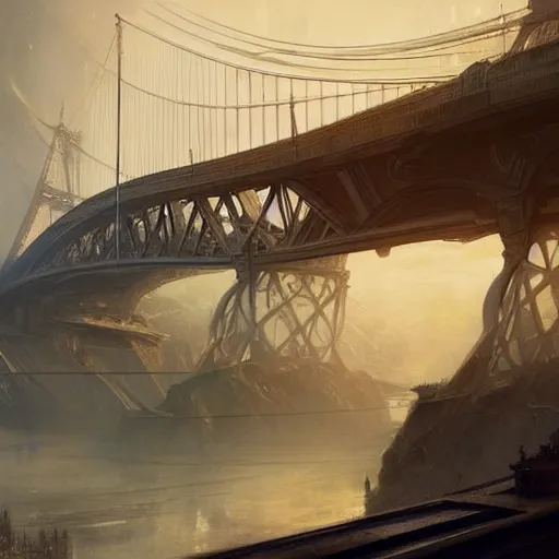 Image similar to the most beautiful futuristic bridge, reflexions, very high details by william turner art, greg rutkowski and alphonse mucha, trending on artstation, very very detailed, masterpiece