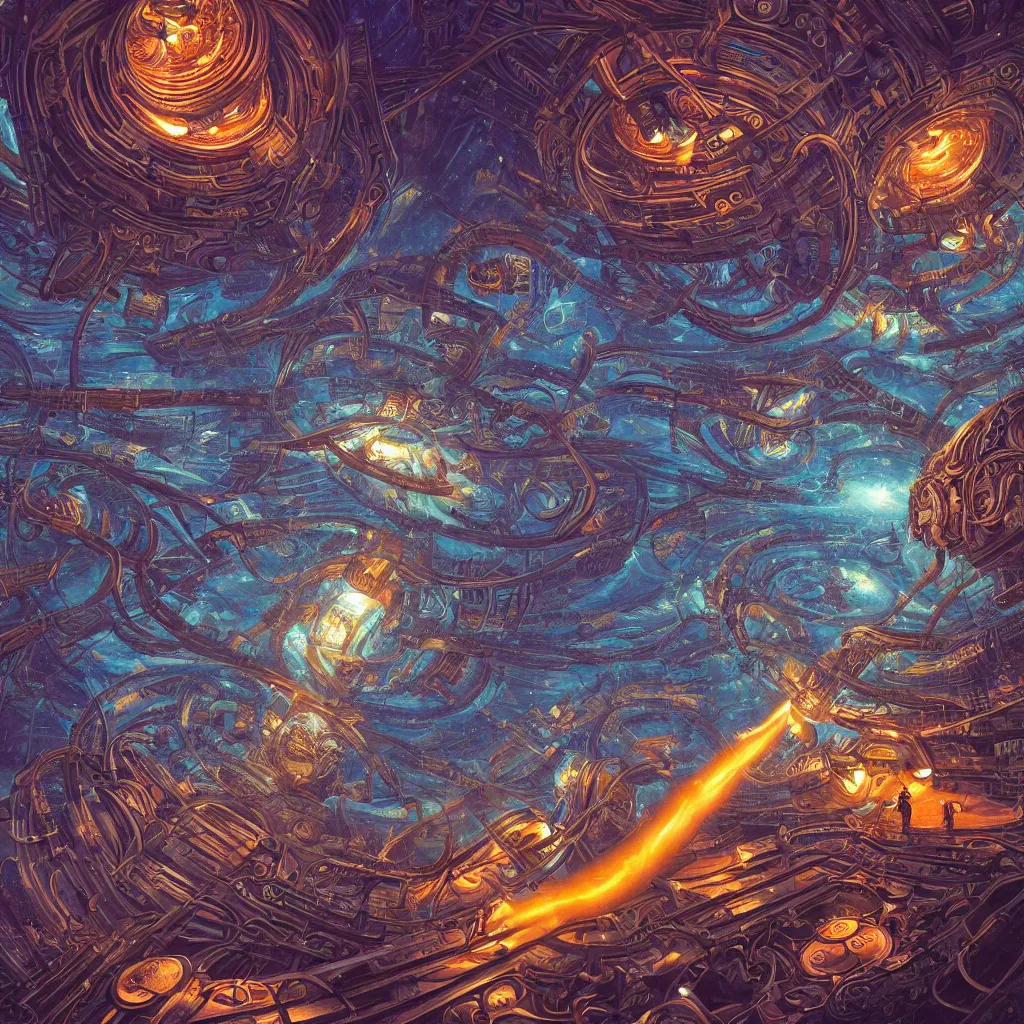 Prompt: a hyperrealistic ornate detailed image of light vortex, science fiction, utopian, triumphant, cinematic, epic, grandiose, moody, poetry, futuristic, by jason felix, dan mumford, kinkade, lisa frank, wpa, public works mural, orthodoxy