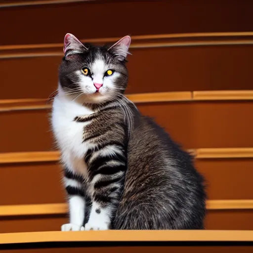 Prompt: ultra hd 8 k photo of a sad cat alone on a big opera stage