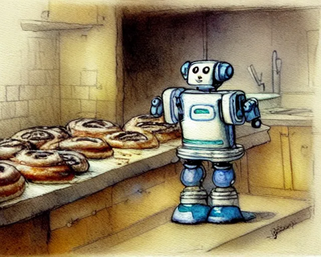 Prompt: a cute little robot in the kitchen baking bagels, holding a tray of bagels, watercolor painting by jean - baptiste monge, muted colors