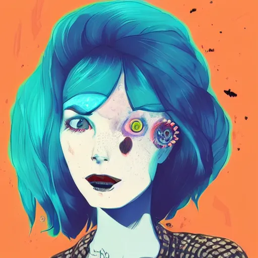 Image similar to Highly detailed portrait of pretty punk zombie young lady with, freckles and beautiful hair by Atey Ghailan, by Loish, by Bryan Lee O'Malley, by Cliff Chiang, inspired by image comics, inspired by graphic novel cover art, inspired by papergirls !! Gradient color scheme ((grafitti tag brick wall background)), trending on artstation