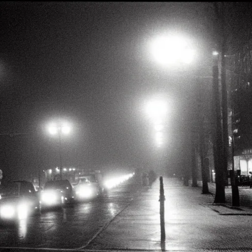 Image similar to !dream berlin streets 1991 at night, mist, cars , eerie atmosphere