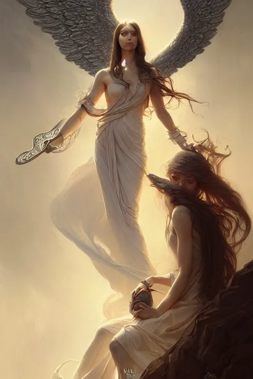 Image similar to Nearthendahl angels, fantasy, long hair, intricate, elegant, highly detailed, digital painting, artstation, concept art, smooth, sharp focus, illustration, art by artgerm and greg rutkowski and aleister crowley