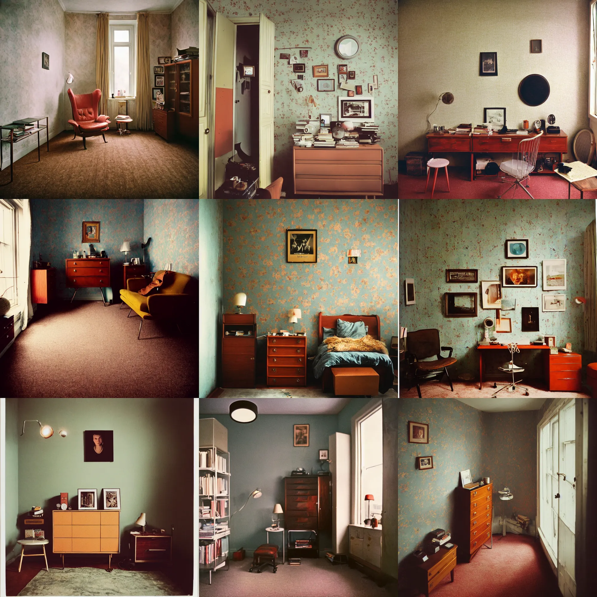 Prompt: kodak portra 4 0 0, wetplate, 8 mm extreme fisheye, award - winning portrait by britt marling of a 1 9 6 0 s room, picture frames, shining lamps, dust, 1 9 6 0 s metal bauhaus furniture, wallpaper, carpet, books, muted colours,