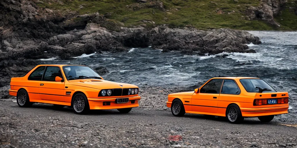 Image similar to orange bmw e30 m3 driving off a cliff into the ocean