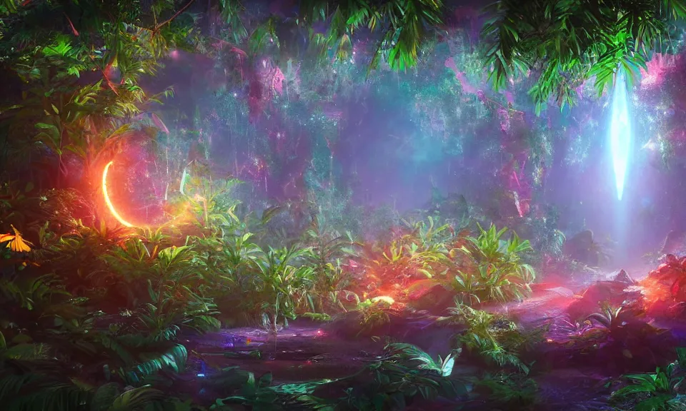 Image similar to a watercolor painting of a glowing sparkling gigantic portal in a mysterious jungle, fantasy, flowery, particles, fireflies, octane render, unreal engine, artstation, digital art