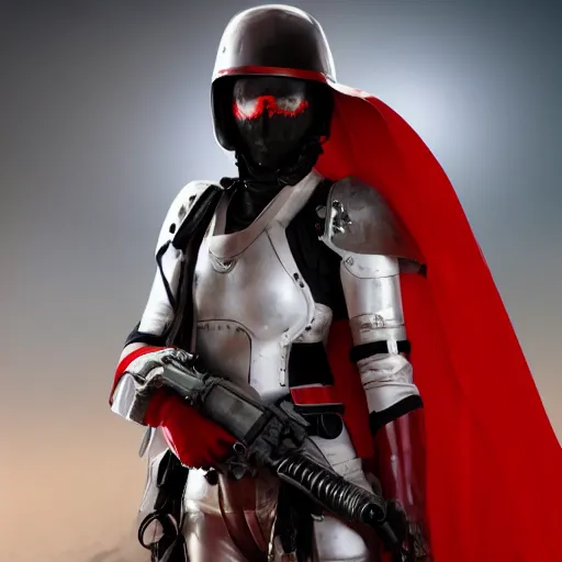 Image similar to a young female soldier with soot stained face, no makeup, in glossy sleek white bloodstained dinged scuffed armor , long torn red cape, heroic posture, determined expression, no helmet, on the surface of mars, dramatic lighting, cinematic, sci-fi, hyperrealistic, detailed