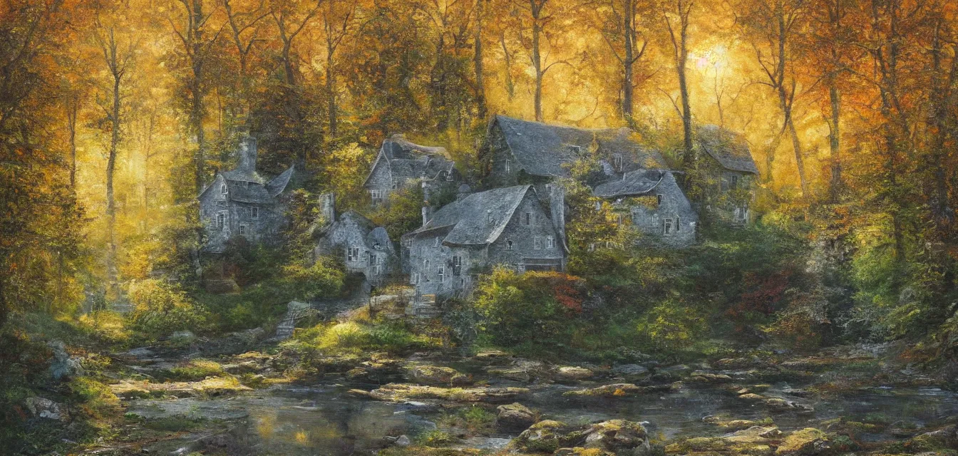 Image similar to a painting of sparse stone cottages underneath a dense tall forest, with pristine reflex from cascading ponds. gorgeous, elegant, sophisticated, an ultrafine painting, intricate brush strokes, bright depth oil colors, photography by araken alcantara. intense promiseful happiness, autumn sunrise warm light, detailed and intricate environment. hopeful. bodyscapes