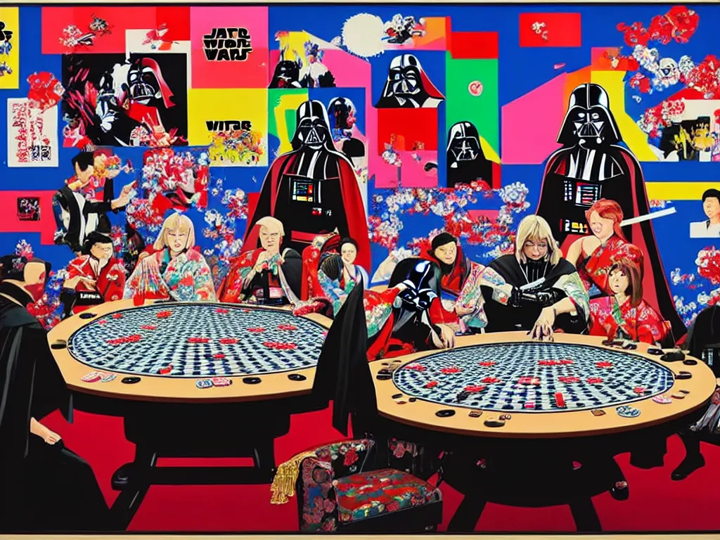 Image similar to hyper - realistic composition of a large room with an extremely detailed poker table in the center, woman in traditional japanese kimono standing nearby, darth vader sitting at the table, fireworks in the background, pop art style, jackie tsai style, andy warhol style, acrylic on canvas, dull palette