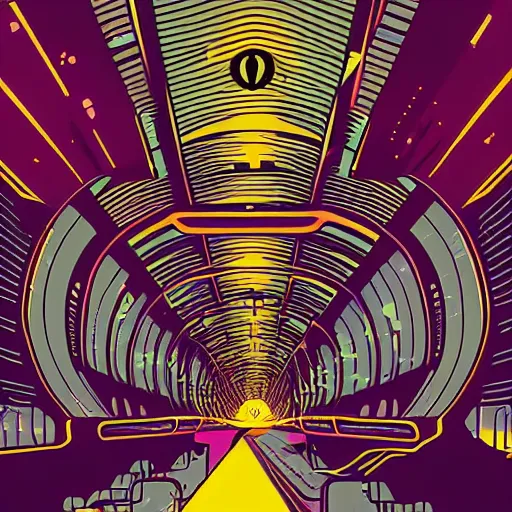 Image similar to jet pilot falling through a tunnel made of time and space by dan mumford by hiroshi nagai