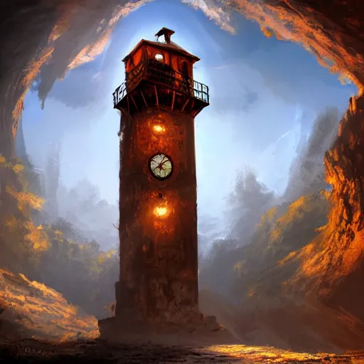 Prompt: an abandoned old,rusty, clock tower in a dark enormous cave, painting, illustration, Concept art, art station , 4k, perfectly balanced light, digital art, unreal