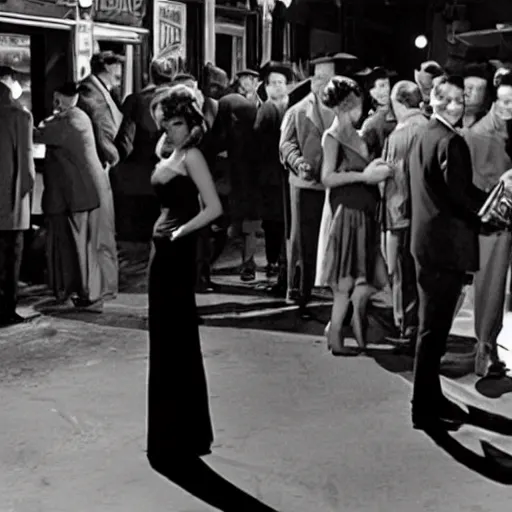 Image similar to a movie still of film noir jazz bar, crowds of people, she arrived in a red dress, cinematography john alton, burnet guffey, john seitz.