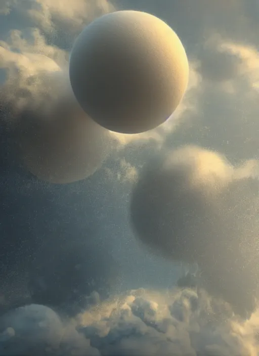 Image similar to a digital painting of a ball surrounded by clouds, an ambient occlusion render by mike winkelmann, cgsociety, fantasy art, fractalism, tesseract, rendered in cinema 4 d