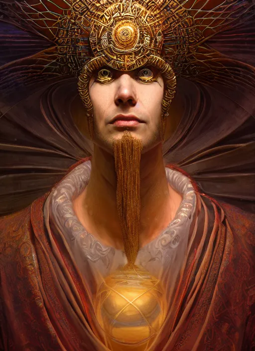 Image similar to slender high priest in a ornate robe, strange headpiece, subsurface scattering, by gerald brom, karol bak, tomasz alen kopera, cgsociety and fenghua zhong, highly detailed, rim light, cinematic lighting, illustration, art, octane render, very coherent, cinematic, hyper realism, high detail, octane render, 8 k