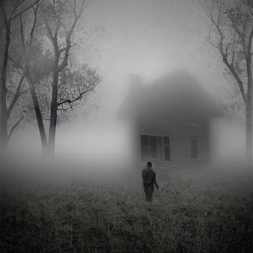 Image similar to a man's shadow near the dilapidated house in the wilderness, fog, digital art