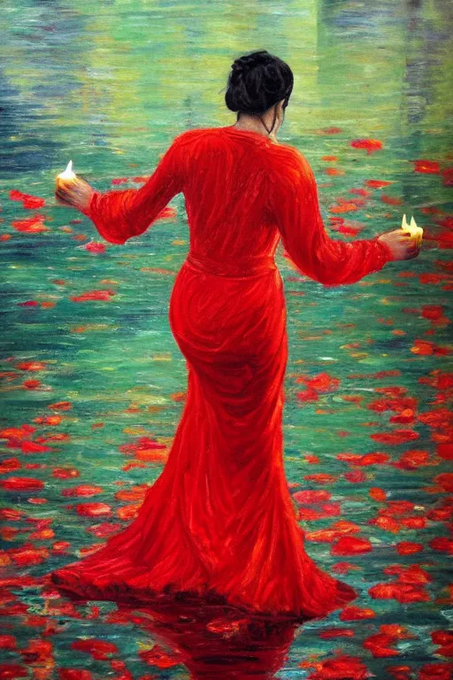 Image similar to detailed oil painting of spanish flamenco dancer walking into a lake wearing a red dress made of flowers that's engulfed in flames, dimly lit by candles on the ground, looking away, dark shadows, ethereal, slr, 4 k, high definition