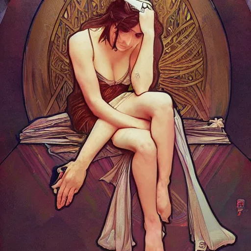 Image similar to photo of tired dj by artgerm and greg rutkowski and alphonse mucha annie leibovitz