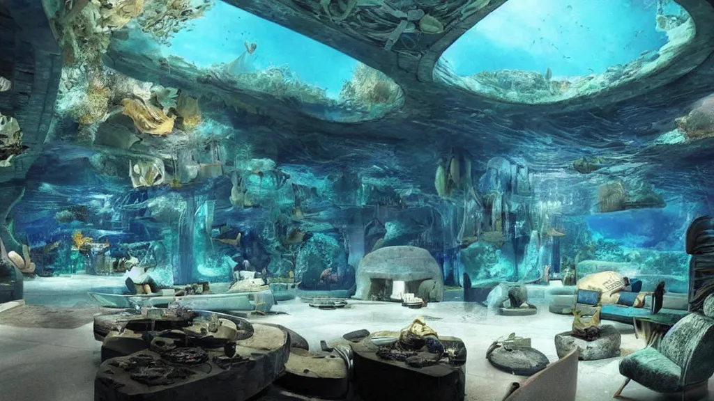 Prompt: A living room in the underwater city of Atlantis