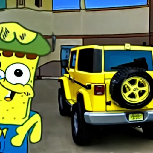 Image similar to cctv footage of spongebob stealing a jeep wrangler, high quality, high resolution