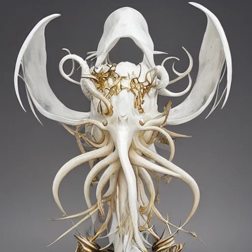 Prompt: very symmetrical, angelarium, illithid, cthulhu, white with gold accents, sculpture by ellen jewett