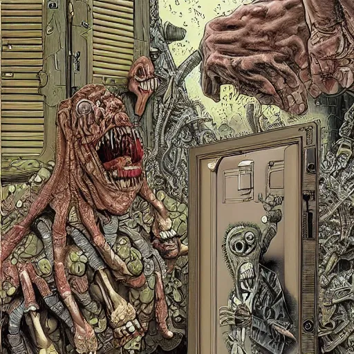 Prompt: opening a door to an impossible nightmare beyond comprehension, very very detailed painting by geof darrow and greg rutowski and hr giger