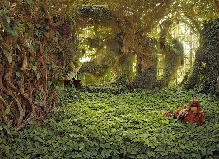 Image similar to jim henson's labyrinth. hedge maze. a green and luscious expanse of ivy - strewn trellises and thick green hedges stretches out in front of you. by edgar maxence and caravaggio and michael whelan and delacroix style, artistic, intricate painting, cinematic lighting, hyper realistic, extremely detailed, vivid colors, establishing shot, dramatic lighting