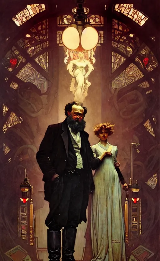 Image similar to karl marx daughter gorgeous lighting by weta studio, mucha, bautista and norman rockwell and greg rutkowski and tom bagshaw and james gurney and lucasfilm