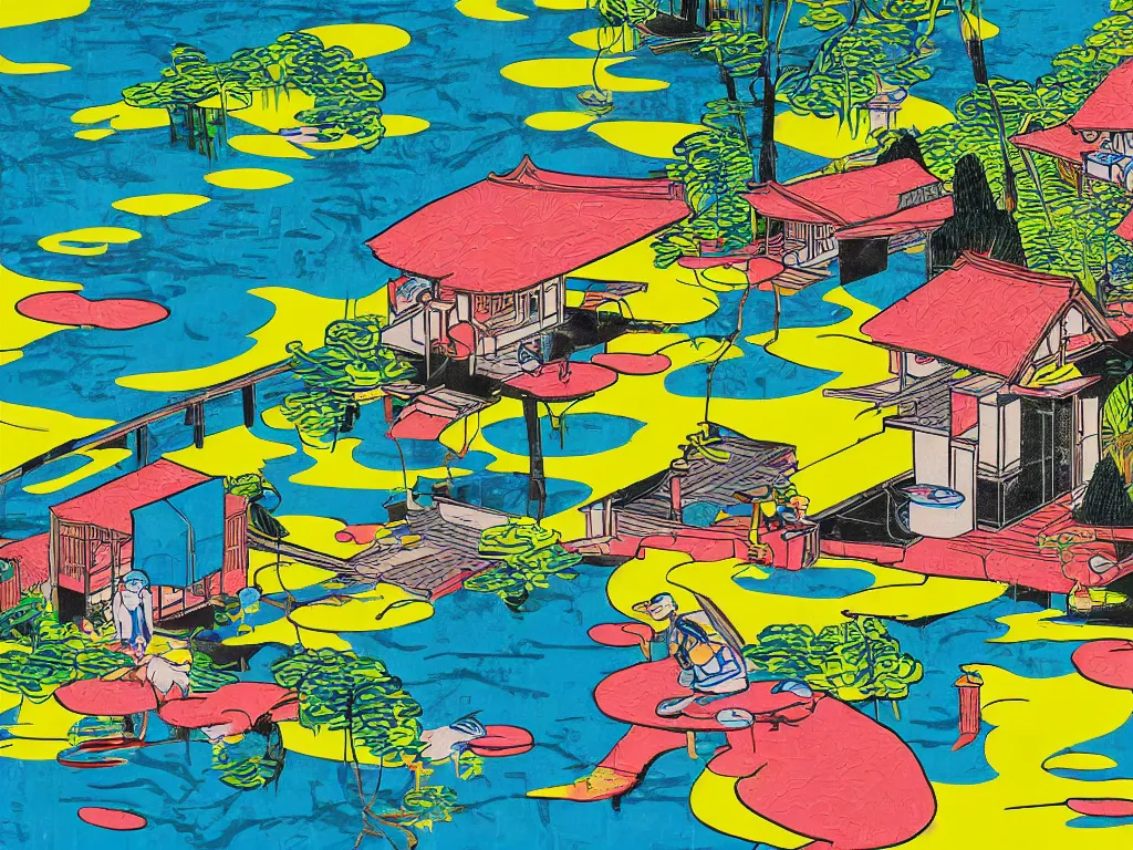 Prompt: close - up image of a japanese house with a pond, stormtroopers sitting around it, pop - art style, the style of andy warhol, roy lichtenstein and jackie tsai, bright and saturated palette, acrylic on canvas