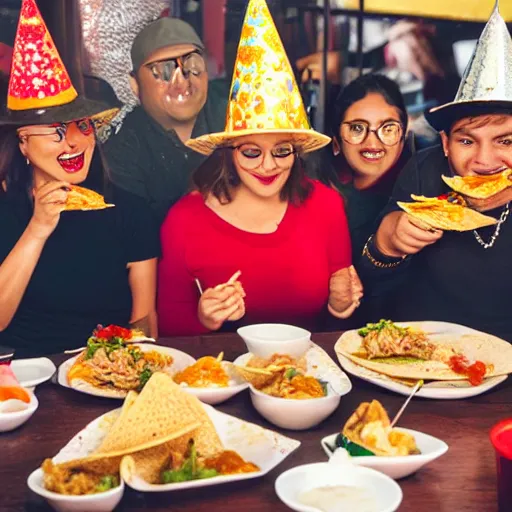 Image similar to A group of angels wearing birthday hats eating tacos de birria at a Mexican restaurant