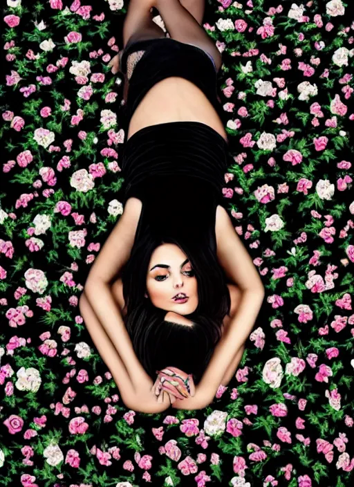 Image similar to amazingly complex portrait of Victoria Justice laying in a bed of black roses as a goddess staring curiously at you. soft detailed painting at 16K resolution and amazingly epic visuals. epically beautiful image. amazing effect, image looks gorgeously crisp as far as it's visual fidelity goes, absolutely outstanding. vivid clarity. ultra detail. iridescent. mind-breaking. mega-beautiful pencil shadowing. beautiful face. Ultra High Definition. soft shading. soft texture. intensely beautiful.