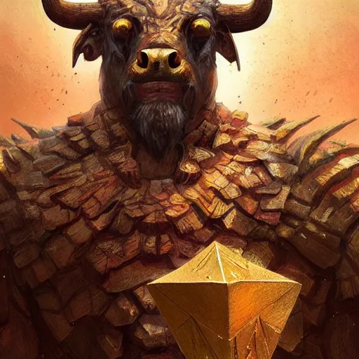 Image similar to primitive golden bison idol, d & d, fantasy, portrait, digital painting, trending on artstation, concept art, sharp focus, illustration, art by artgerm and greg rutkowski and magali villeneuve