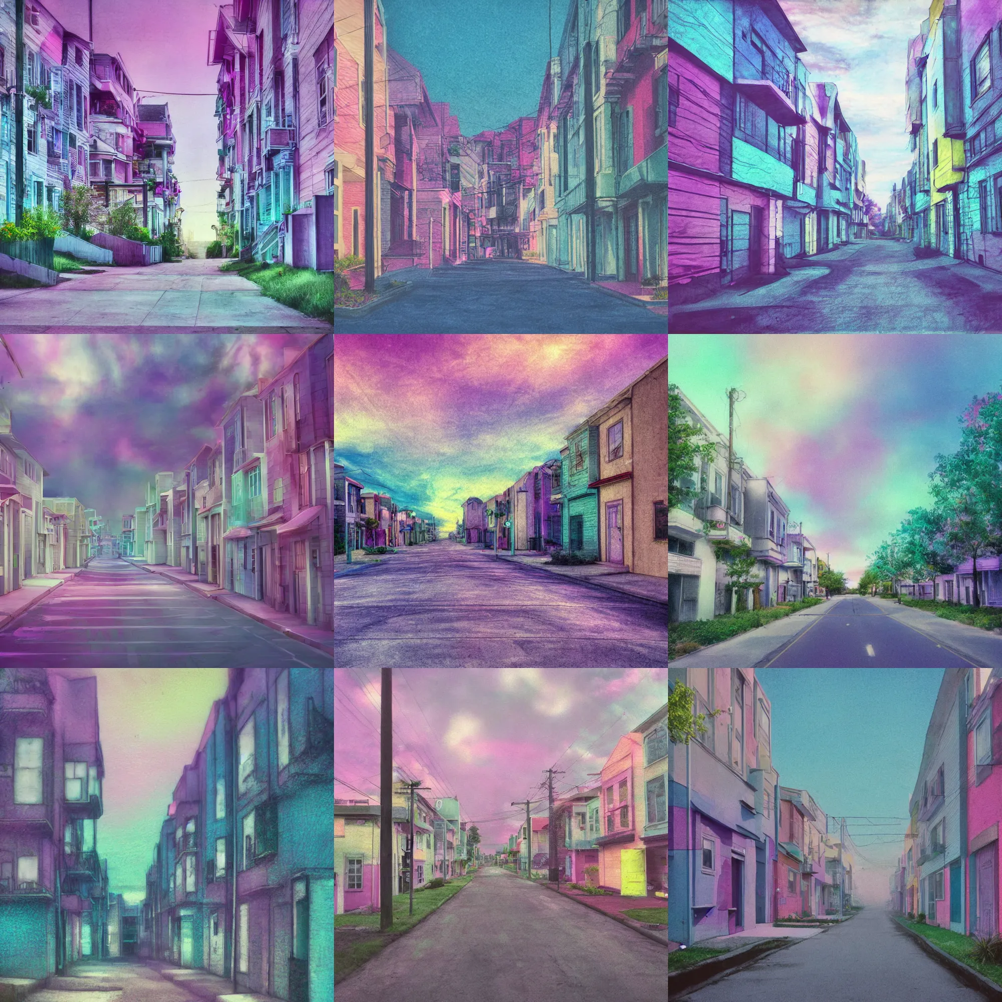 Prompt: dreamcore looking streets from a small neighborhood, pastel color pallete