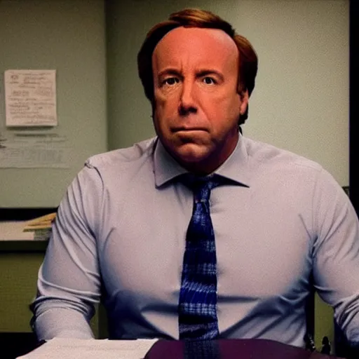 Prompt: “ very photorealistic photo of alex jones in saul goodman ’ s office, award - winning details ”