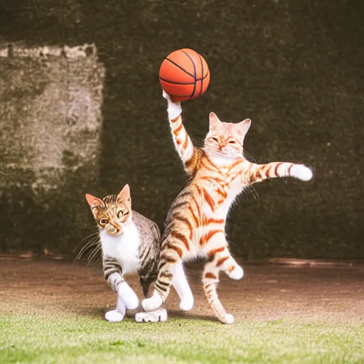 Image similar to two cats playing basketball, very detailed, album photo, canon shot