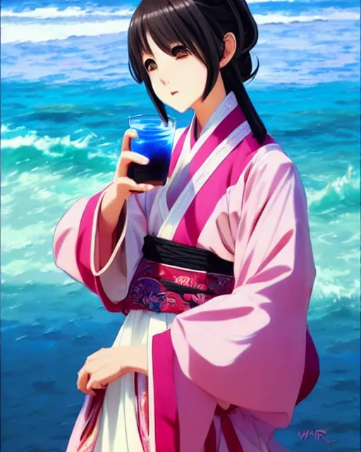 Image similar to very cute girl holding a drink in hanfu near the sea | very anime!!!, fine face, audrey plaza, realistic shaded perfect face, fine details. anime. strong realistic shaded lighting poster by ilya kuvshinov katsuhiro otomo ghost, magali villeneuve, artgerm, jeremy lipkin and michael garmash and rob rey