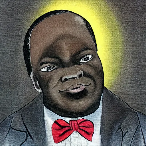 Image similar to a painting of a loving, caring fatherly, wide forehead, aquiline nose, round face, XXL , generous, ever-present, humble, wise elder from Kenya in a elegant silver suit and red tie by Kara Walker . Fatherly/daddy, focused, loving, leader, relaxed. Gold background, heavenly lights, details, smooth, sharp focus, illustration, realistic, cinematic, artstation, award winning, rgb , unreal engine, octane render, cinematic light, macro, depth of field, blur, light and clouds, highly detailed epic cinematic concept art CG render made in Maya, Blender and Photoshop, octane render, excellent composition, dynamic dramatic cinematic lighting, aesthetic, very inspirational, arthouse.
