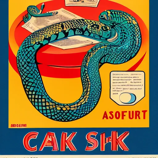 Image similar to a 1 9 5 0 s stylized advertisement for a snake themed cereal product, art, circa 1 9 5 0 s